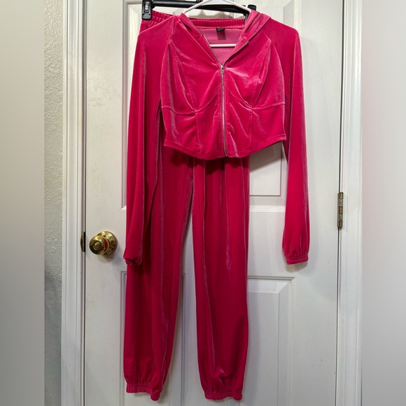 SHEIN EZwear Y2k Hot Pink Velvet Tracksuit Zip-up Hoodie & Pants Womens Size XS - Picture 4 of 14